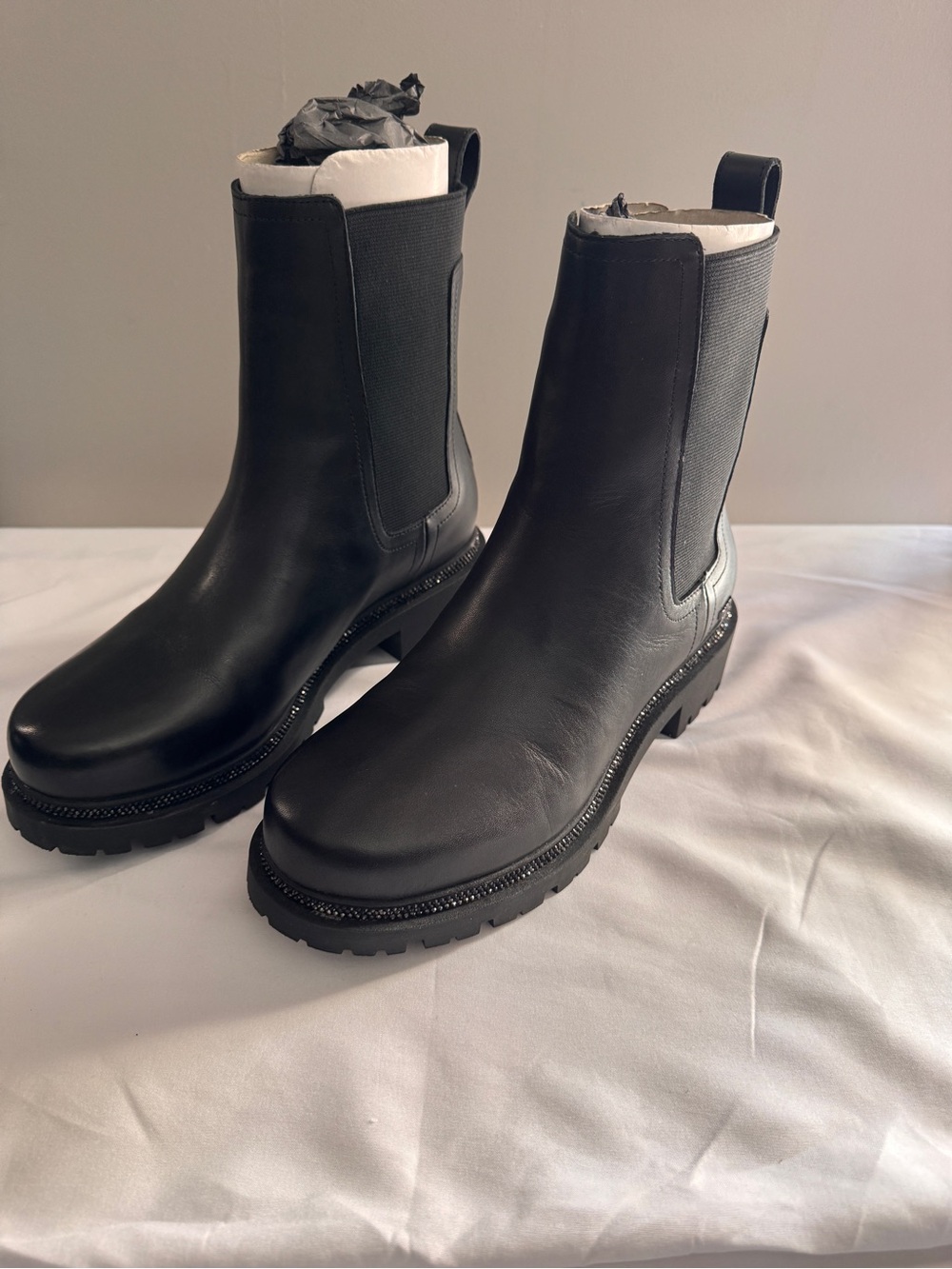 DKNY Black Leather Chelsea Lug Boots